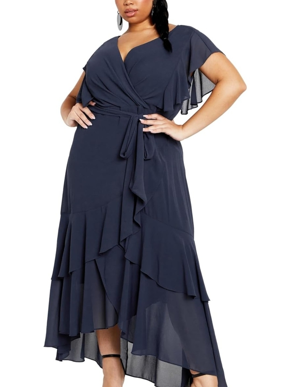 City Chic Navy Ruffle Faux Wrap Maxi Dress with Tie Waist